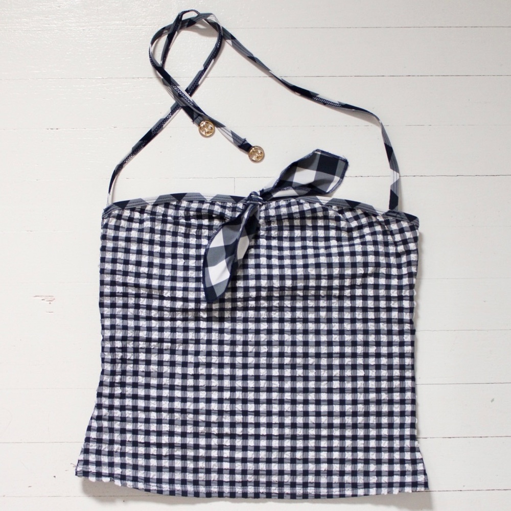 Juicy Couture Navy Gingham Print Bathing Suit Halter Top